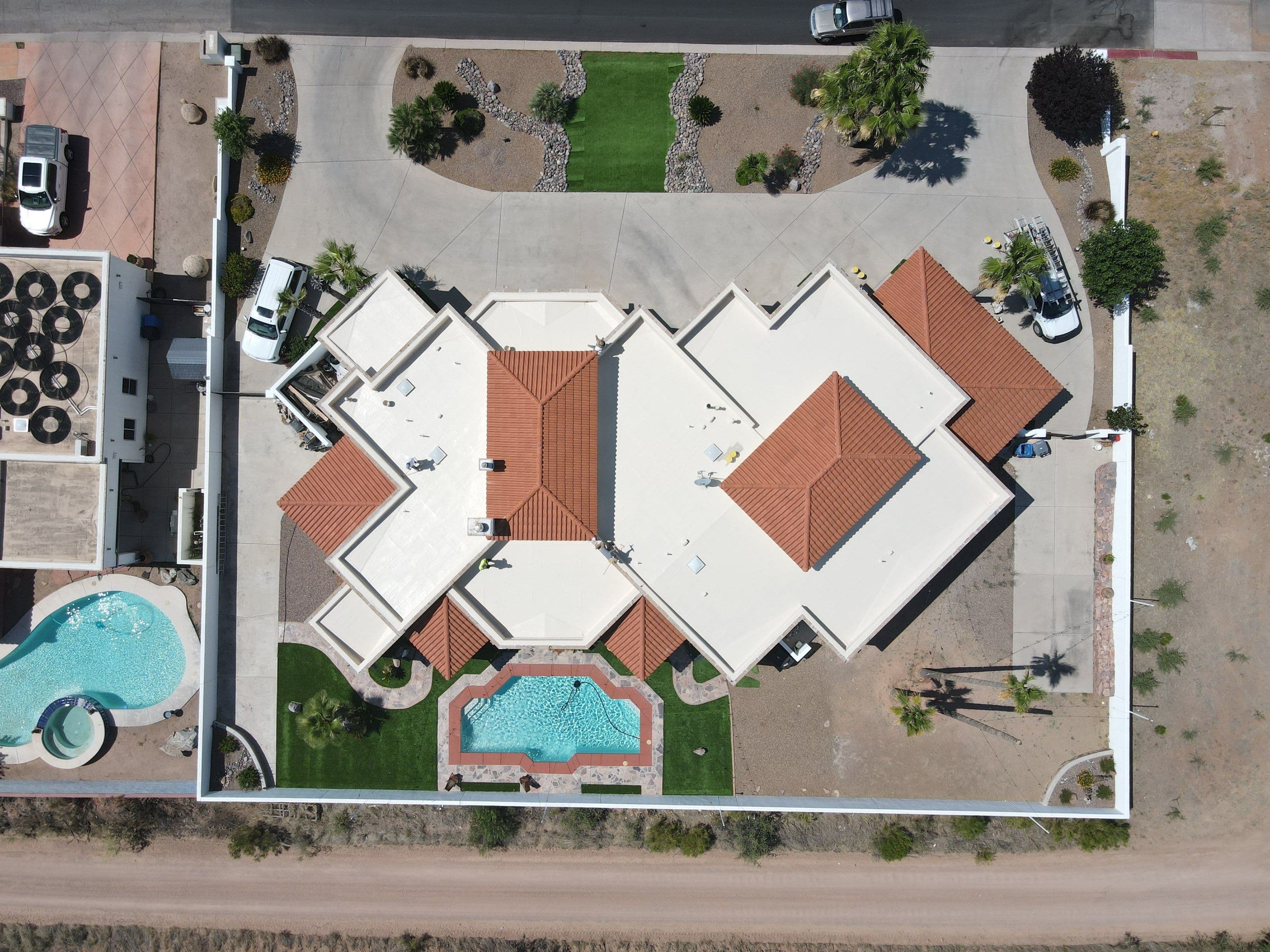 Tile estate roof showing hips and valleys
