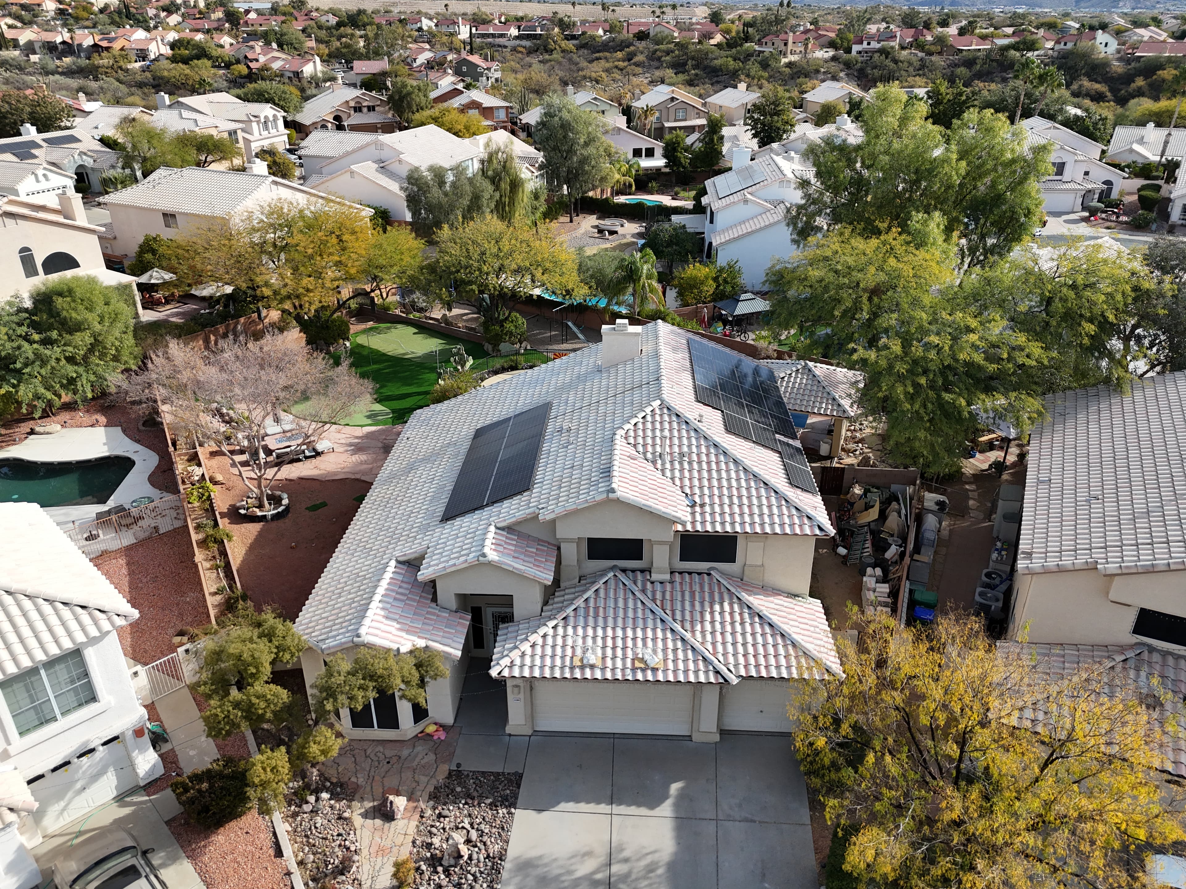 Completed tile roof with solar on an Arizona home